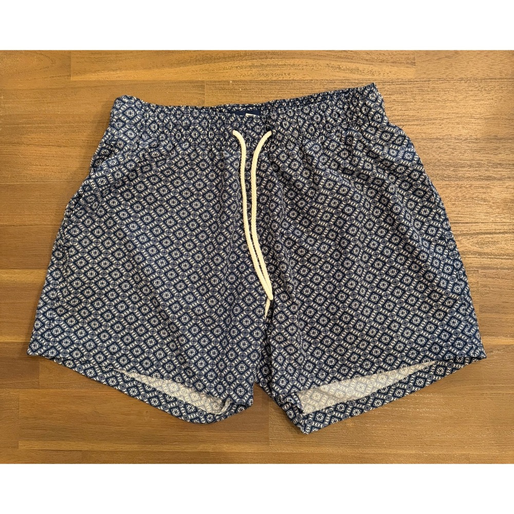 Broken‎ Threads Navy White Geometric Tile Print Drawstring Shorts Size Medium